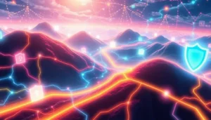 Vibrant anime-inspired digital landscape featuring cybersecurity symbols like firewalls and shields.