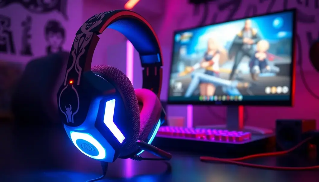Anime-themed gaming headset with LED lights, providing an immersive audio experience.