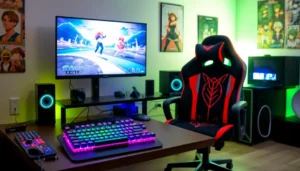 A gaming setup with anime-themed equipment and decor creating an immersive experience.