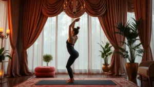 An elegant room with a person gracefully stretching, accentuating the fusion of luxury and tranquility.