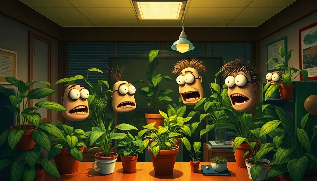 Office plants conspiring in the corner with mischievous intent.