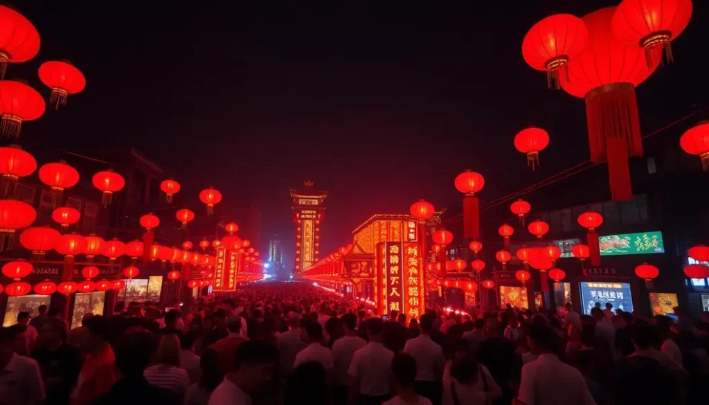Thousands of red lanterns illuminating a city square during the Lunar New Year.