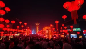 Thousands of red lanterns illuminating a city square during the Lunar New Year.