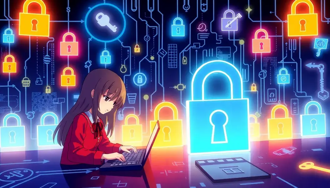 Anime characters securing their digital fortress with strong passwords and magical symbols.